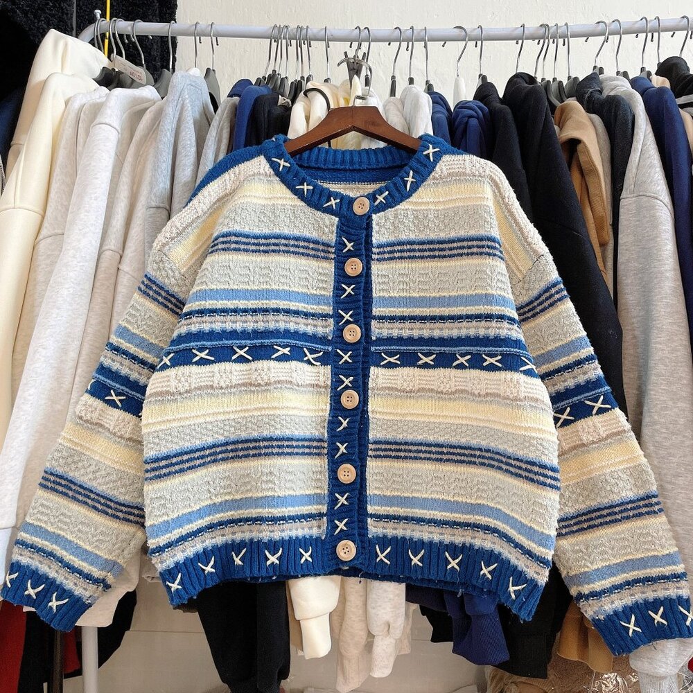Cozy Striped Knit Cardigan Blue Embroidered